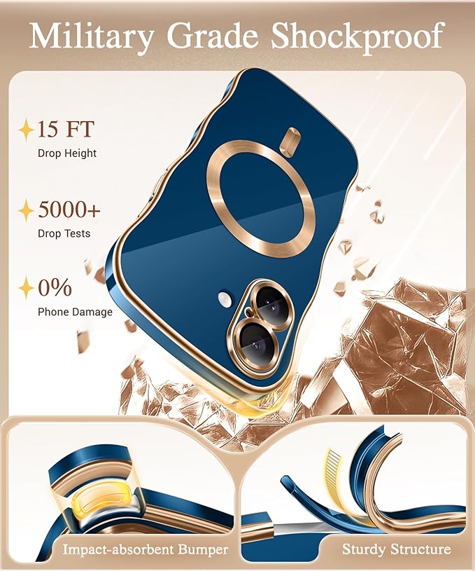 GVIEWIN for iPhone 17 Case Compatible with MagSafe, Upgraded [Full Camera Protection][Cute Wave Frame][Military Grade Protection] Electroplated Hard Phone Cover for Women Girl, Blue