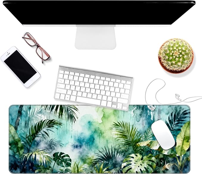 Thin Extended Gaming Mouse Pad （31.5 * 11.8 * 0.08 inch） with Stitched Edges Large, Long XXL Keyboard and Mouse pad Desk Mat for Gaming Office & Home -Watercolor Jungle Rain
