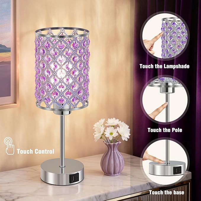 GyroVu Purple Crystal Table Lamps Set of 2, Dimmable Touch Control Bedside Lamps with USB C+A Ports, Small Night Lights for Bedroom, Living Room, Girls Room, Home Office, Bulbs Included