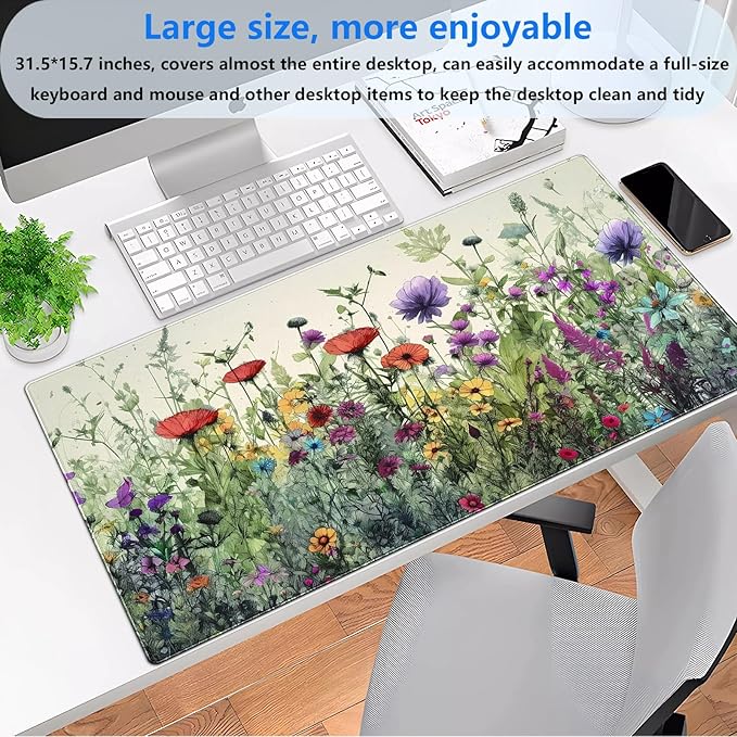 Floral Desk Pad Mat Watercolor Flowers Desk Mat XL Large Gaming Mousepad Extended Aesthetics Laptop Computer Keyboard and Mouse Pad Office Desk Decor for Women 31.5 x 15.7 in
