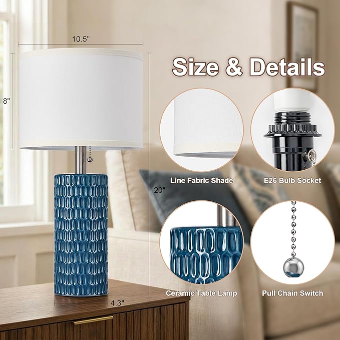 Reaketon Table Lamps for Living Room Set of 2, Ceramic Table Lamps for Bedroom, 20" Modern Lamps for Night Stands, Blue