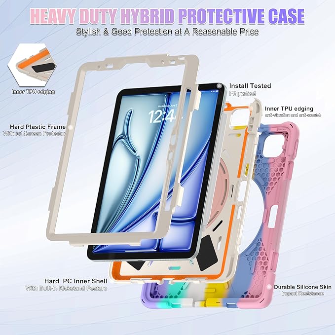 SCSVPN Kids Case for iPad Air 11 Inch M4/M3/M2 (2026/2025/2024), iPad Air 5th/4th Gen 10.9''(2022/2020), iPad Pro 11 4th/3rd/2nd/1st Gen, Protective Cover with Pen Holder, Stand, Shoulder Strap, Pink