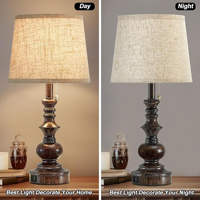 Drawealth 22'' Farmhouse Bedside Table Lamps Set of 2 for Bedroom Nightstand Lamps with USB A+C Charging Ports Traditional Small Table Lamp for Living Room End Tables,Pull Chain,Bulbs Not Included