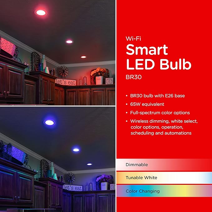 UltraPro Wi-Fi LED Smart Light Bulb, BR30, 65W Equivalent, RGB, Color Changing, White Select Tunable 2700K - 6500K, Dimmable, 2.4GHz Router Required, Circadian Rhythm, Easy-to-Use App, 4 Pack, 51458