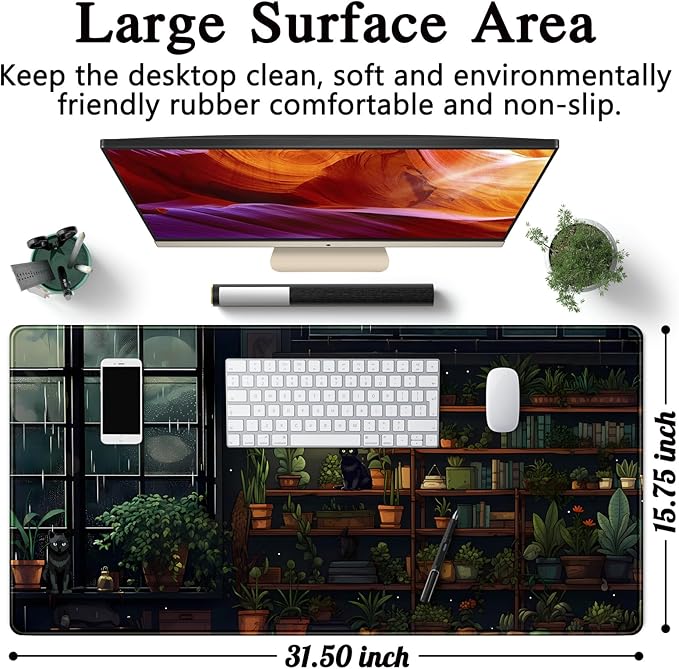 Lofi Cat Desk Mat Dark Green Plant Books Desk Pad Black Cat Aesthetic Anime Big Mouse Pad Large Gaming Mousepad XL Cool Keyboard Pad Deskmat Laptop Computer Mouse Mat 31.5X 15.7in