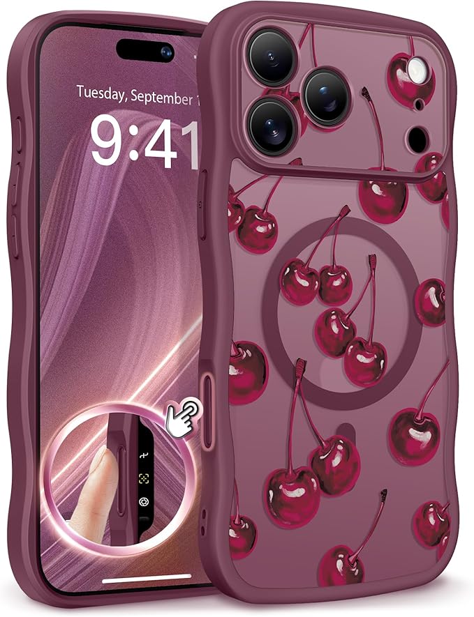 GVIEWIN for iPhone 17 Pro Max Case Compatible with MagSafe [Curly Wave Edge][Full Camera Protection] Floral Translucent Shockproof Magnetic Women Phone Case for 17 Pro Max, Ripe Cherry/Burgundy