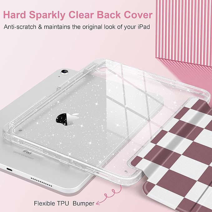DONGKE for iPad Pro 11 inch Case – Fits M5 2025 / M4 2024, Shockproof Sparkling Glitter Acrylic Back, Pencil Holder, Trifold Stand, Auto Sleep/Wake & Touch ID Support - Brown Checkerboard