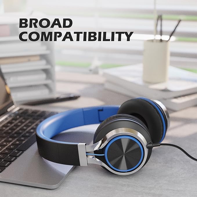 AILIHEN C8 Kids Headphones Wired, On-Ear Headphones with Microphone and Volume Control Foldable Corded Stereo 3.5mm Headset for School Teens Smartphones Chromebook Laptop Tablets Travel (Black Blue)