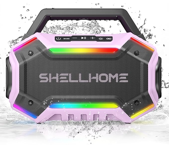 ShellHome Bluetooth Outdoor Speakers, 80W(Peak) Loud Wireless Speaker, 30H Playtime, RGB Lights, BassUp 2.0, IPX6 Waterproof, TWS, Bluetooth 6.0, Portable Boombox for Party, Pool, Beach (Pink)