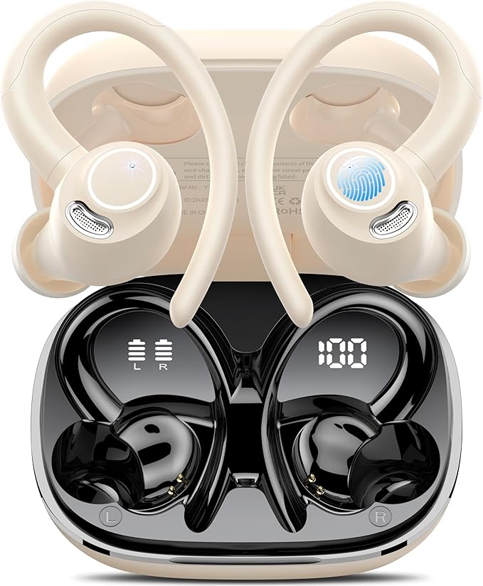 Wireless Earbuds Bluetooth 5.3 Headphones Sport, 2024 Wireless Earphones with Earhooks, HiFi Stereo Deep Bass with ENC Mic, 40H Dual LED Display, IPX7 Waterproof Ear Bud for Small Ear Running/Workout