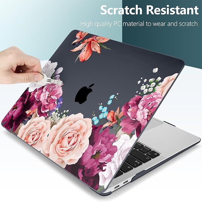 TWOLSKOO Matte Hard Shell Case Keyboard Cover Screen Protector Trackpad Protector for MacBook Air 13 inch Retina 2021 2020 2019 2018 Release Model: A2337 M1/A2179/A1932, Black Peony