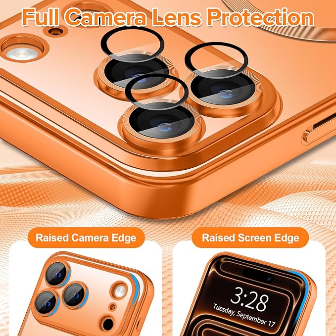 Hython Magnetic Clear for iPhone 17 Pro Case with Camera Lens Protector [Compatible with MagSafe] Luxury Plating Edge Slim Soft TPU Cover Protective Phone Case for iPhone 17 Pro 6.3", Matte Orange