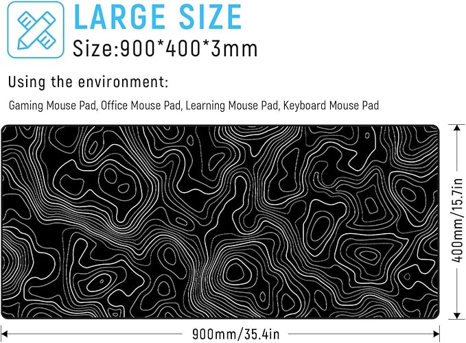 JIALONG Black Topographic Large Gaming Mouse Pad, XXL Mousepad, Big Mouse Mat Desk Pad for Keyboard and Mouse, Gaming Computer Laptop PC Desk Office Accessories