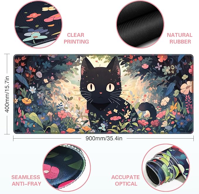 Anime Cat Mouse Pad Desk Mat, Kawaii XXL Large Gaming Mouse Pad Keyboard with Stitched Edges Non-Slip, 35.4×15.7in Mousepad Mat for Desktop Computer Laptop Office Women Decor Funny Cute