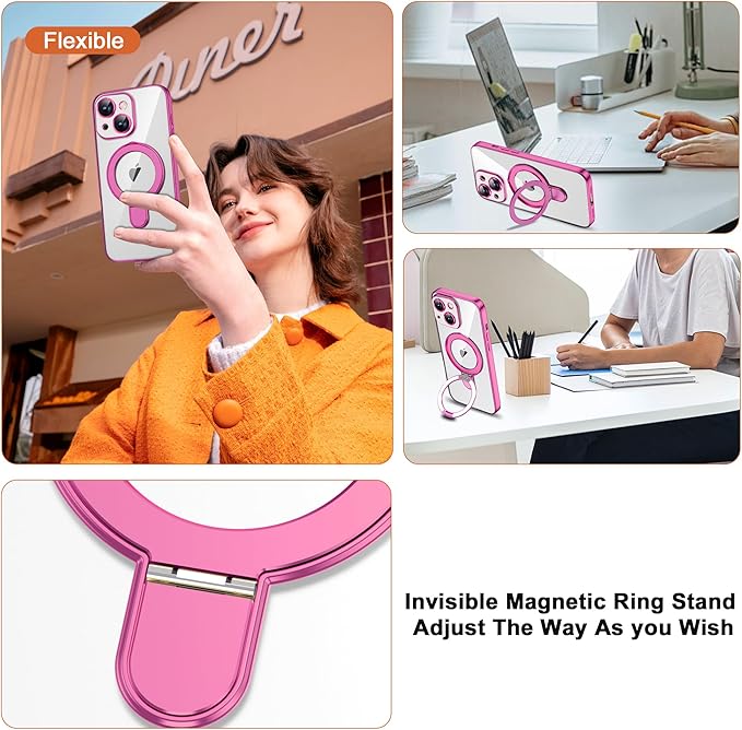 Compatible with iPhone 14 Case with Magnetic Ring Stand [Compatible with Mag-Safe] [Full Camera Lens Protector] Soft Plating Clear Phone Case for iPhone 14 6.1", Rose