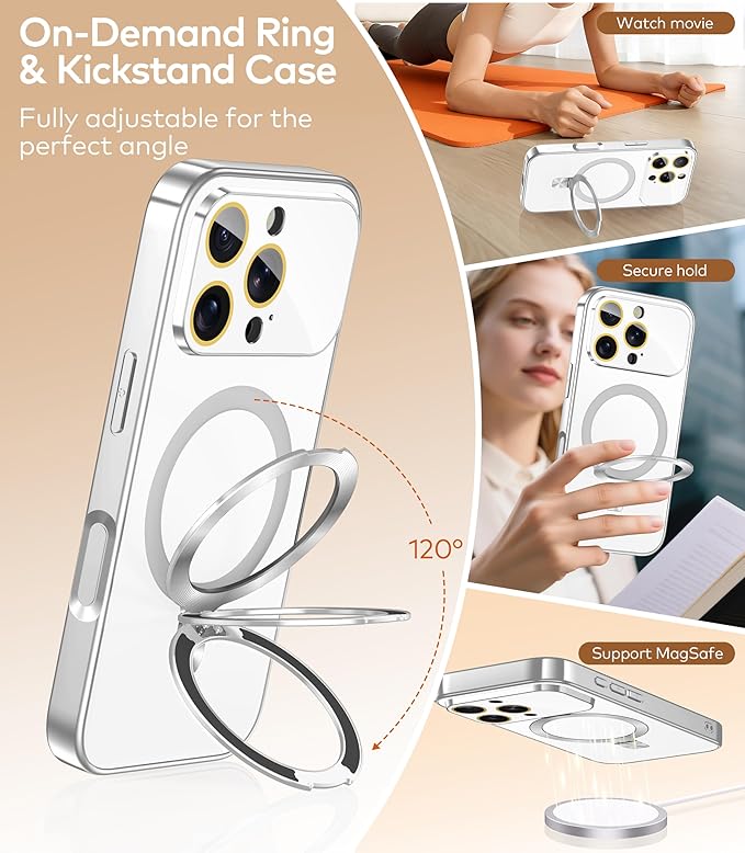TOBOVON Magnetic for iPhone 16 Pro Case with Ring Stand, Fits MagSafe, with Built-in Camera Lens Protector, Slim Electroplated Shockproof Phone Cover, Silver