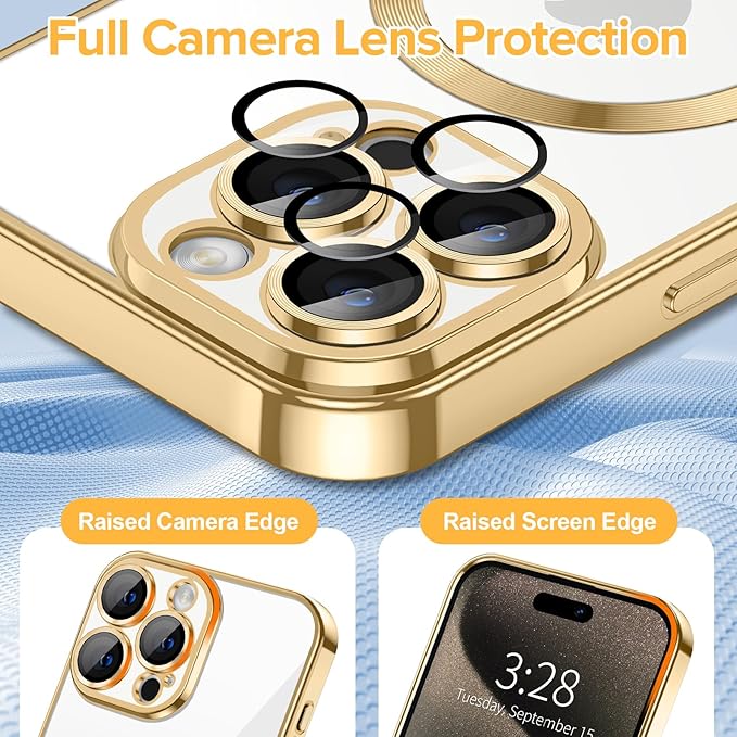 Hython Magnetic Clear for iPhone 15 Pro Max Case with Camera Lens Protector [Compatible with MagSafe] Plating Edge Slim Soft TPU Cover Protective Phone Case for iPhone 15 Pro Max 6.7", Gold