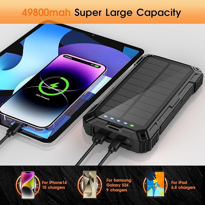 Solar Power Bank,49800mAh Wireless Portable Phone Charger with 4 Built-in Cables,22.5W Fast Charging External Battery Pack PD 3.0 USB-C In/Output for iPhone,Android,iPad,Perfect for Camping/Hiking