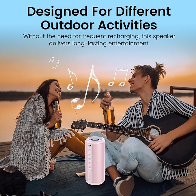Portable Bluetooth Speaker, 2026 Bluetooth 5.4 Wireless Speaker with 20W HD Loud Stereo Sound, TWS Pairing, 20H playtime, RGB Lights, IP7, Built-in Mic, for Outdoor, Home, Beach, Party, Gift, Pink