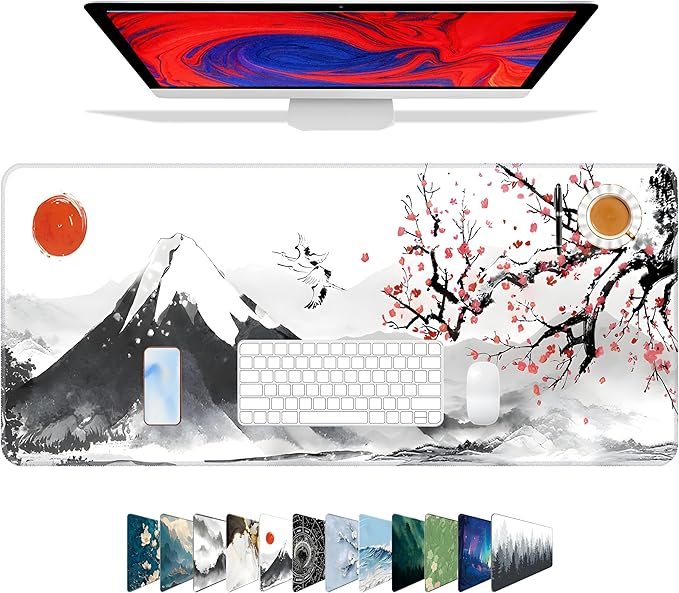 Galdas Mouse Pad for Gaming, Japanese Desk Mat,XXL XL Large Mouse Mat Long Extended Mousepad Non-Slip Rubber Mice Pads Stitched Edges Thin (31.5 x 11.8 x 0.12 Inches) Ink and Wash