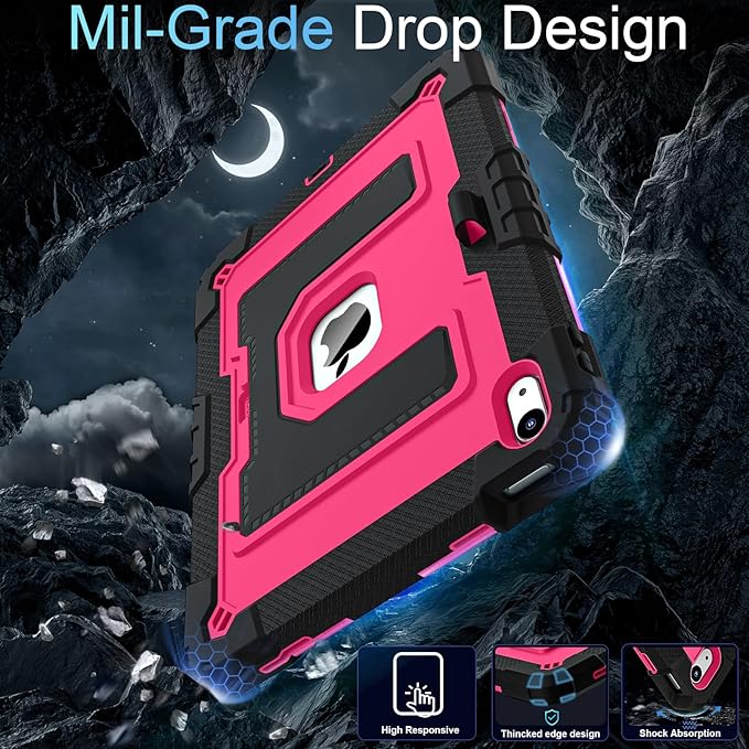 for iPad (A16) 11th/10th Generation 11/10.9 Inch 2025/2022 iPad Case 11th/10th Generation with Pencil Holder,Heavy Duty Shockproof Cover for i Pad 11th/10th Gen,Black Pink