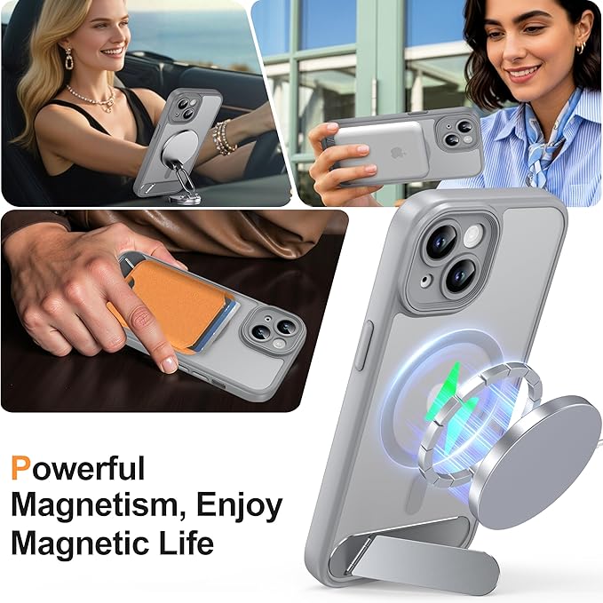 Magnetic Compatible with iPhone 15 Case, [Built-in Invisible Kickstand][Compatible with MagSafe][Full Camera Protection] Translucent Matte Phone Case for iPhone 15 6.1" Gray
