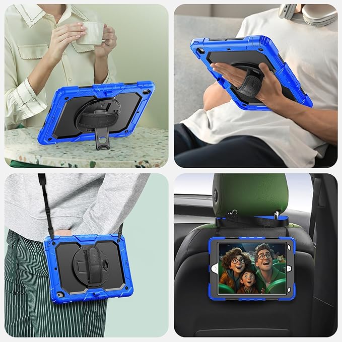 SEYMAC for iPad 9th/8th/7th Generation Case 10.2" 2021-2019, Full-Body Shockproof Protective Case with Screen Protector, Rotating Stand/Handle/Shoulder Strap for iPad 10.2, Blue/Black