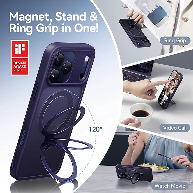 CASEKOO Ultra-Magnetic Stand for iPhone 17 Pro Case [Military Drop Protection] [Compatible with MagSafe] Shockproof Translucent Matte Slim Ring for iPhone 17 Pro Phone Case 6.3", Purple