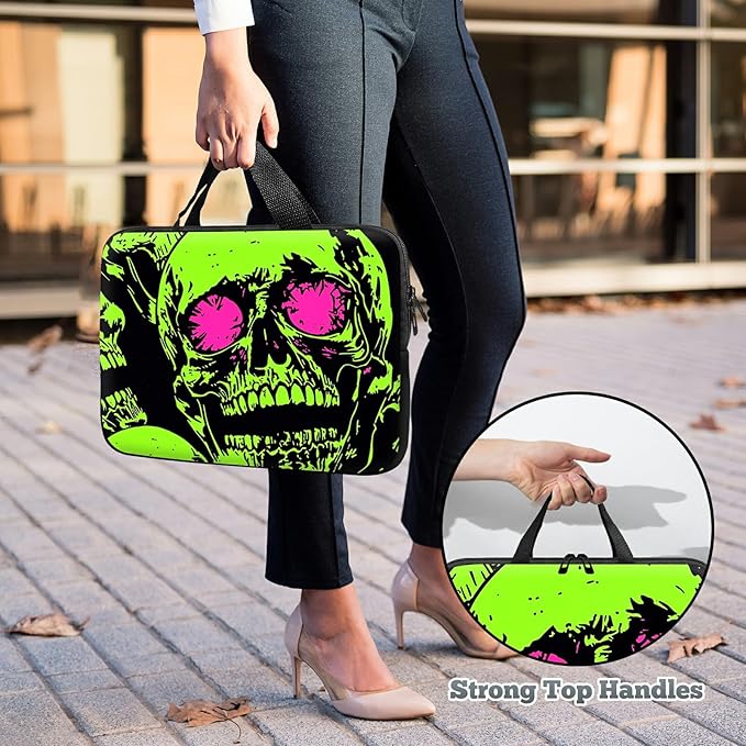 Laptop Sleeve Case Bag 15 inch, Neon Green Skull Slim Carrying Case Handbag Travel Laptop Bag for 15 inch MacBook Air M3/M2/15 Pro/Surface Laptop 7/6/5/4/3/ Dell XPS 15 Plus