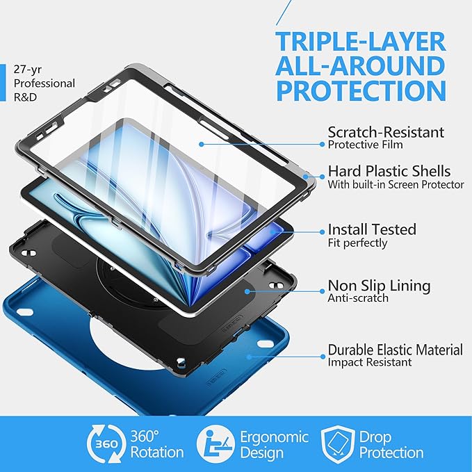 Case for iPad Air 11 M4 2026/ M3 2025/ M2 2024: TPU Cover for iPad Air 5th & 4th Generation 10.9 Inch (2020/2022) with Screen Protector- Stand- Handle- Shoulder Strap- Pencil Holder