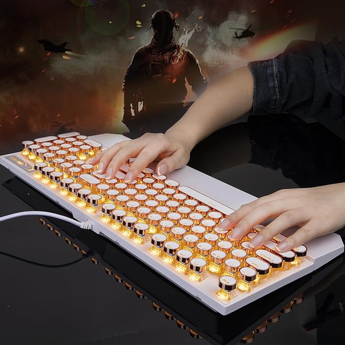 Camiysn Typewriter Style Mechanical Keyboard, Retro Punk Gaming Keyboard with Gold LED Backlit, Cute Wired Keyboards,104 Keys Full Size Keyboards, Uique Round Keycaps for Windows/Mac/PC(White&Gold)