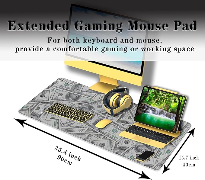 Gaming Desk Mat, Keyboard Mouse Pad Computer Desk Accessories for Men Extra Large Mouse Pads, Table Extender Waterproof Non-Slip Rubber Base, 35.4" X 15.7" for Work/Game Dollars Money Design