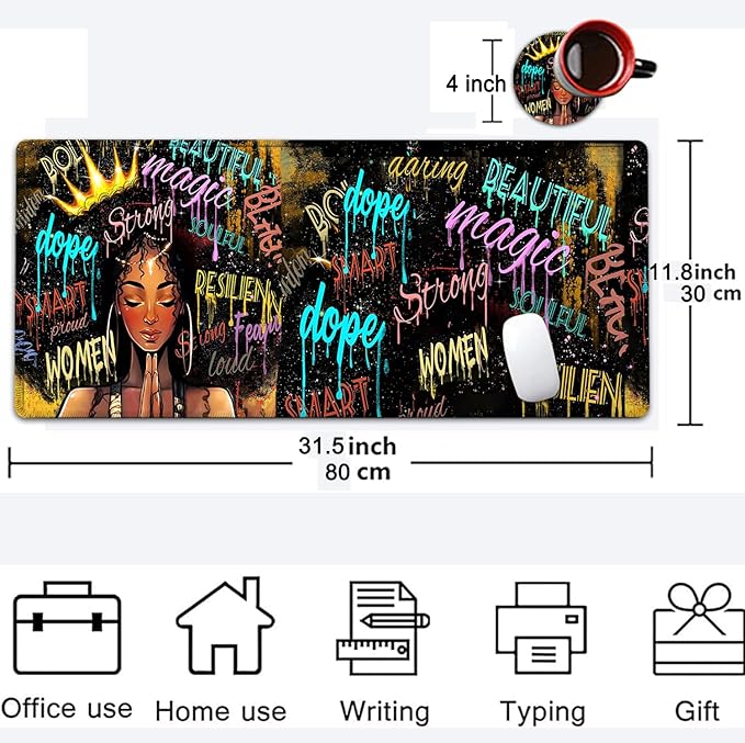 Large Mouse Pad, 31.5 x 11.8in Extended Gaming Mouse Pad with Stitched Edges,XXL Mousepad Protector Non Slip Rubber Base for Office Home Writing Mat,African American Black Women Graffiti Girl Desk Mat