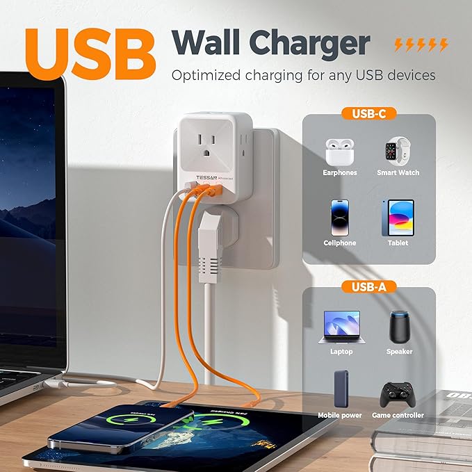 TESSAN Surge Protector Wall Outlet Extender, Multi Plug Outlet Splitter with 3 USB Charging Blocks(2 USB C), Multi Plug Wall Charger for Home, Office, School, College Dorm Essentials, Grey