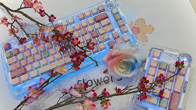 Peach Blossom Keycaps Side Print Custom Cherry Profile PBT Shine Through Keycaps Pink Green 128 Keys for Mechanical Keyboards 60% 65% 75% Backlit Key Caps