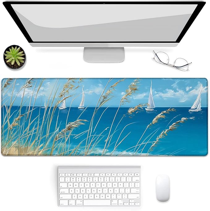 Gaming Mouse Pad, Blue Seaside Coastal Beach Large Mouse Pad, Desk Mat, Non-Slip Rubber Base MousePads for Computers Laptop Office School Home Accessories Decor 31.5" x 11.8"