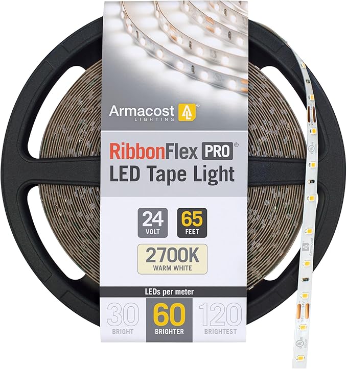 Armacost Lighting RibbonFlex Pro 24V White LED Strip Lights 60 LED/m, 2700K, 65.6 ft 135260