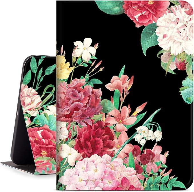for iPad (A16) 11Th/10Th Generation Case 2025/2022, for iPad Case 11Th/10Th Generation, 10Th/11Th Gen iPadCase Cover Auto Wake/Sleep Multi-Angle Viewing Adjustable Stand, Black Vintage Flower