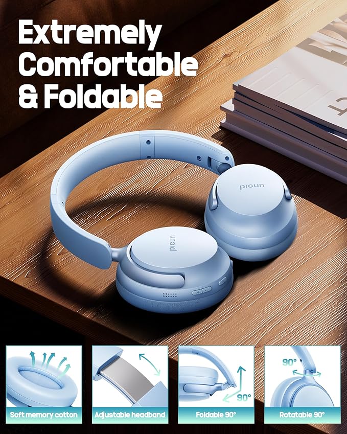 Picun NC60 Hybrid Active Noise Cancelling Headphones, Foldable Wireless Over Ear Bluetooth 5.4 Headphones, 80H Playtime, Transparency Mode, Stereo Bass, Custom EQ via App for Travel Home Lake Blue