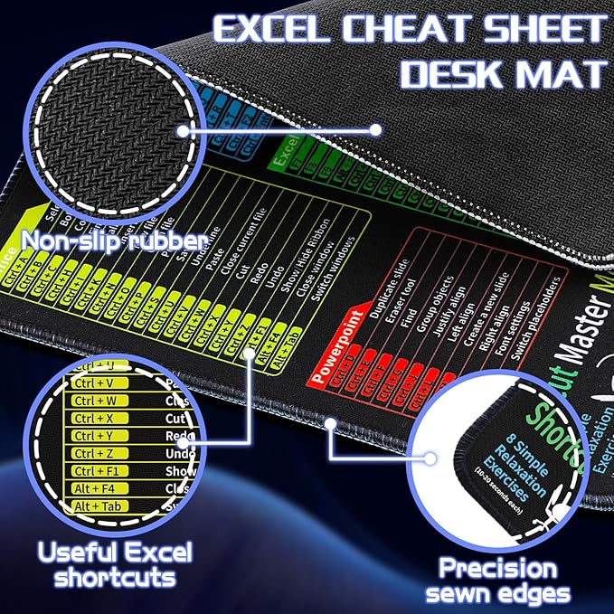 Excel Cheat Sheet Desk Pad - Mouse Pad - Excel Cheat Sheet Desk Mat, Non-Slip Base Mousepad Suitable for Office, Computer Games, Desk Mat and More (1, 11.8" x 9.84")
