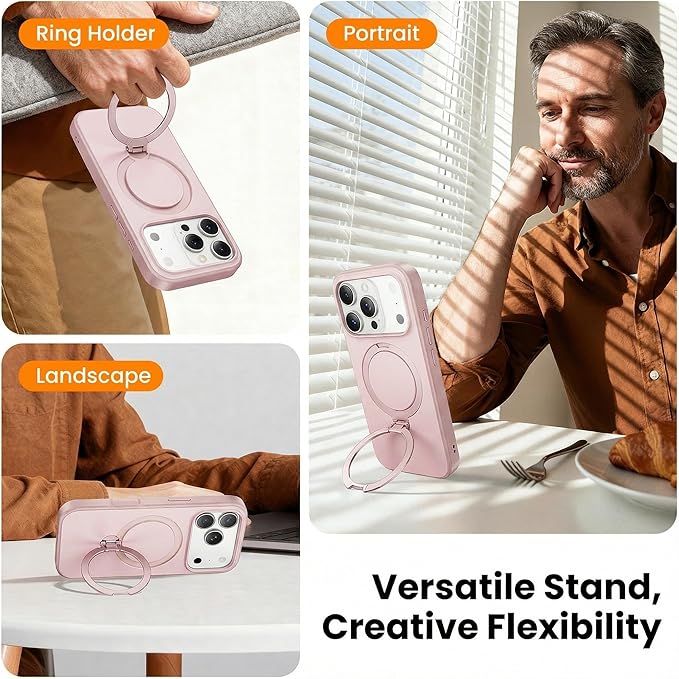 360°Ring Stand for iPhone 17 Pro Max Case, Compatible with MagSafe, Military-Grade Protective,Anti-Yellowing, Scratch-Resistant Back Cover Phone Case for iPhone 17 Pro Max 6.9", Light Pink