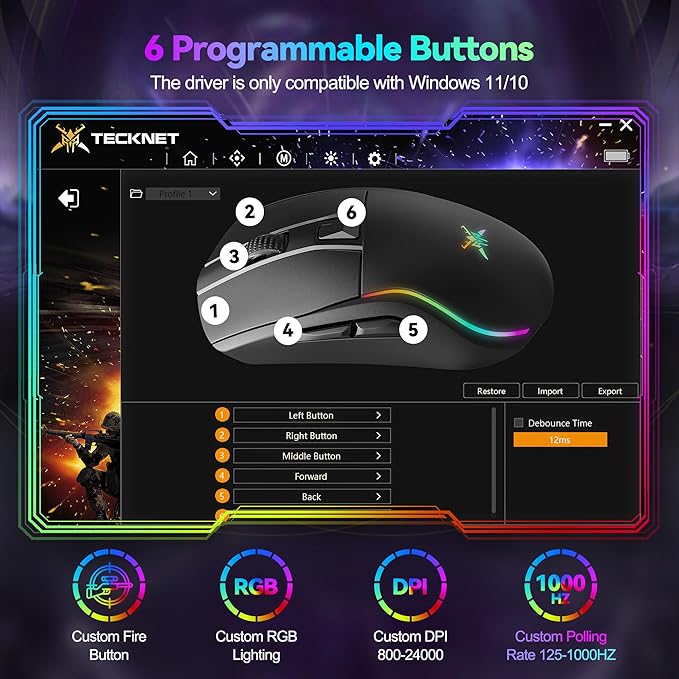 TECKNET Tri-Mode Wireless Gaming Mouse, RGB Backlit Bluetooth 5.0/2.4G/USB-C Rechargeable Ergonomic Mouse with 6 Programmable Buttons, 24000 DPI, 1000Hz Polling Rate, for PC Laptop Mac Gamer