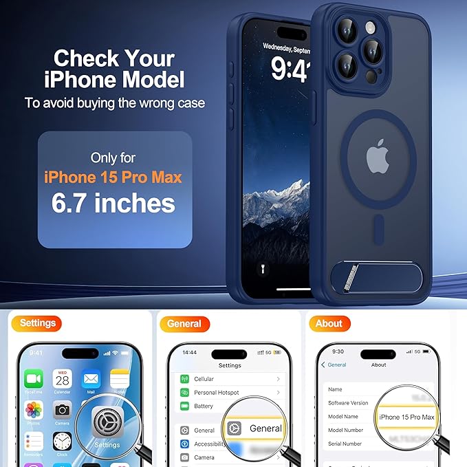 Magnetic Compatible with iPhone 15 Pro Max Case, [Built-in Kickstand][Full Camera Protection][Compatible with MagSafe][Anti-Fingerprint] Shockproof Phone Case for iPhone 15 Pro Max 6.7",Blue