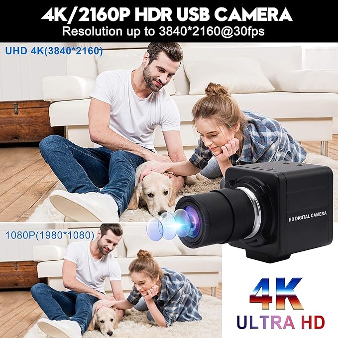USB Camera 4K Ultra HD Mini Webcam with 2.8-12mm Optical Zoom Lens Camera High Speed USB2.0 30FPS Web Camera for Mac,Window,Linux,Android