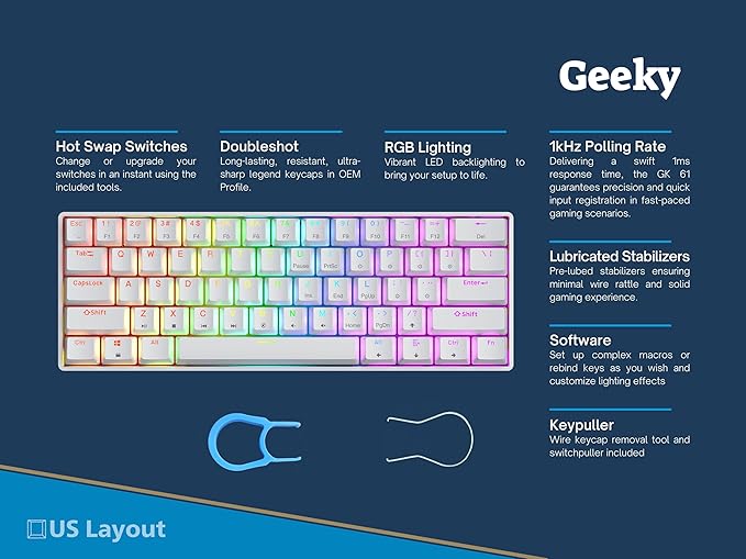 Geeky GK61 60% | Hot Swappable Mechanical Gaming Keyboard | 61 Keys Multi Color RGB LED Backlit for PC/Mac Gamer | ANSI US American Layout (White, Mechanical Speed Yellow)