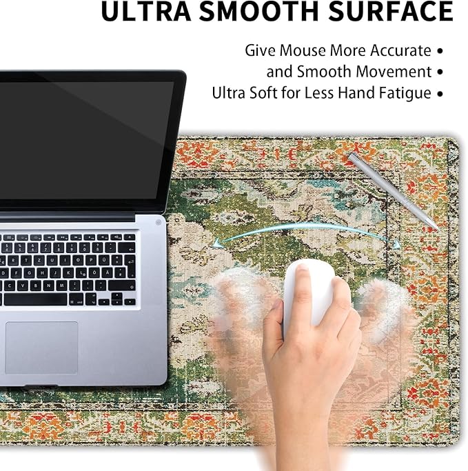 Vintage Rug Mouse Pad XXL Green Orange Retro Carpet Aesthetic Extended Table Mat 90X40 cm Non-Slip Rubber Base Stitched Edge Large Mousepad for Gaming Laptop Computer Desk Top 35.4×15.7 Inch