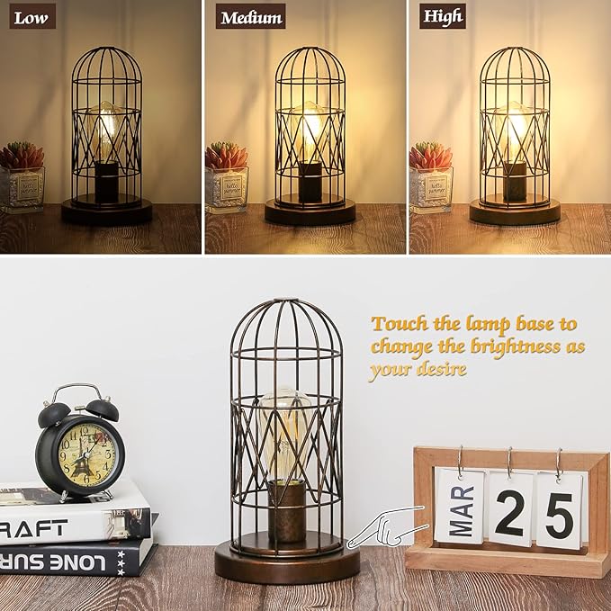 Seaside village Small Touch Lamp, Industiral Bedside Table Lamps with Antique Bronze Cage, 3 Way Dimmable Nightstand Steampunk Edison Lamp for Bedroom Living Room Kitchen, LED Bulb Included