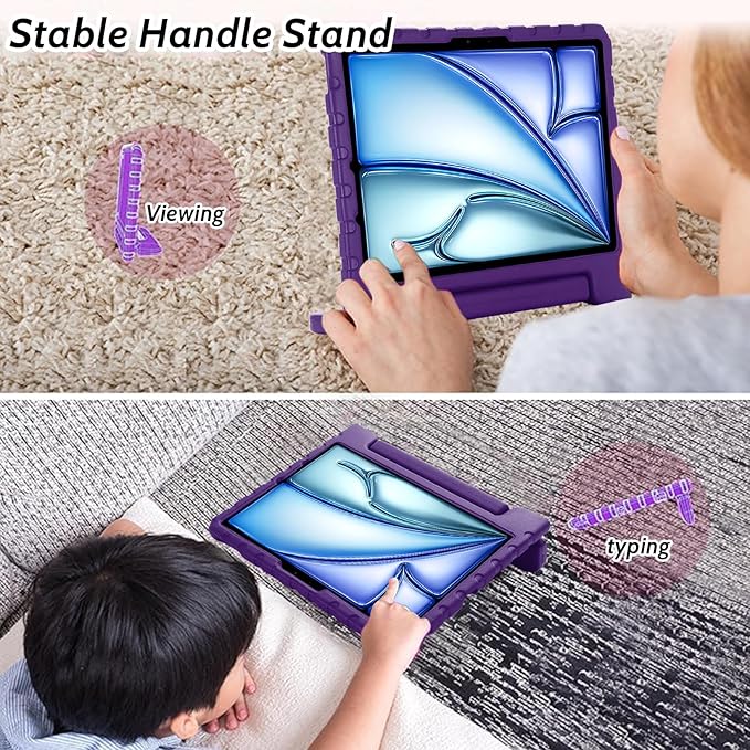Dteck Kids Case for iPad Air 11" M2 2024, iPad Pro 11" Case 2024, Lightweight Shockproof Rugged EVA Kids Friendly Handle Kickstand Child Proof Protective Case with Pencil Holder, Purple