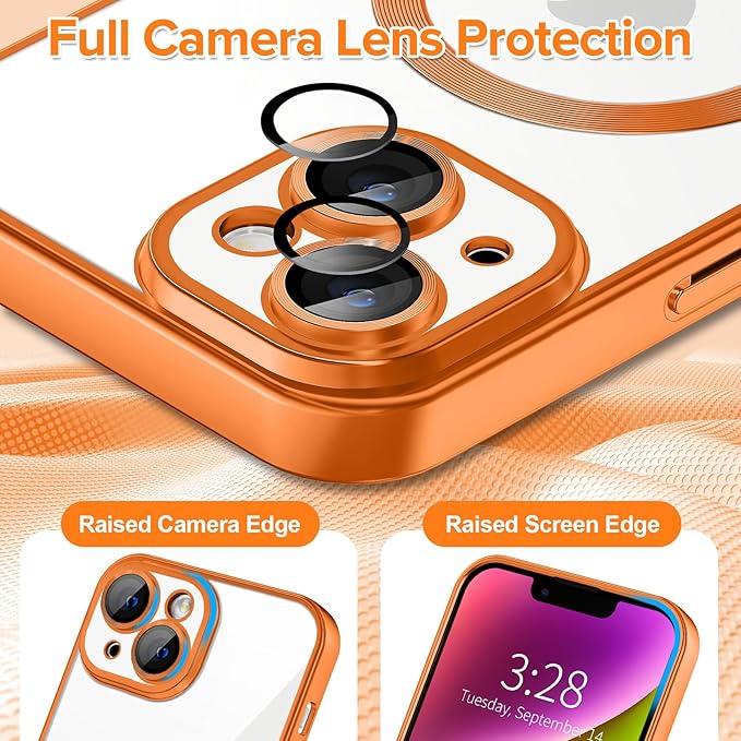 Hython Magnetic Clear for iPhone 14 Case with Camera Lens Protector [Compatible with MagSafe] Luxury Plating Edge Slim Soft TPU Cover Protective Phone Case for iPhone 14 6.1", Matte Orange