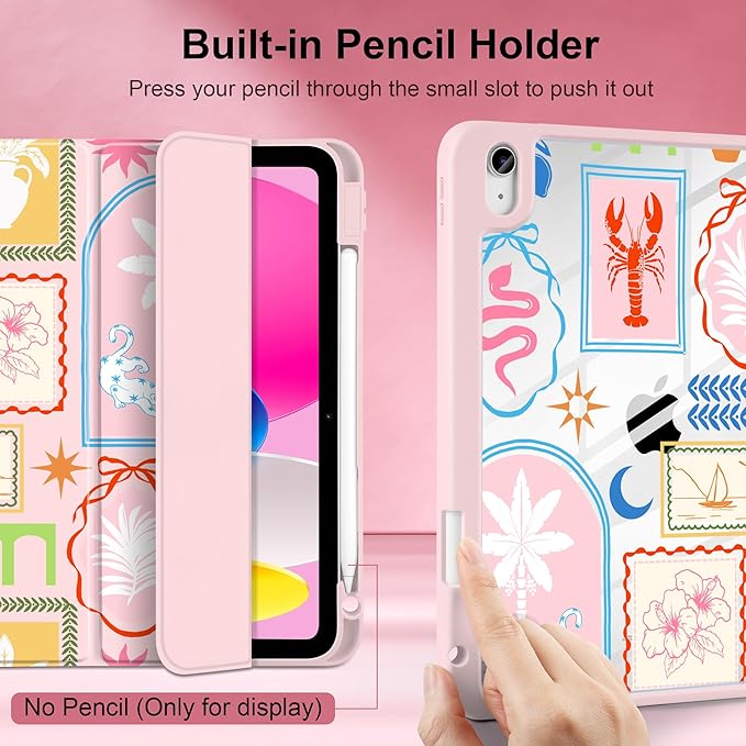Case for iPad Air 11 inch M4 2026 M3 2025 M2 2024 Release with Pencil Holder Clear Back Shell Pink Lightweight Shockproof TPU Edge Trifold Stand Auto Wake Sleep Cute Cover, Creative Collage